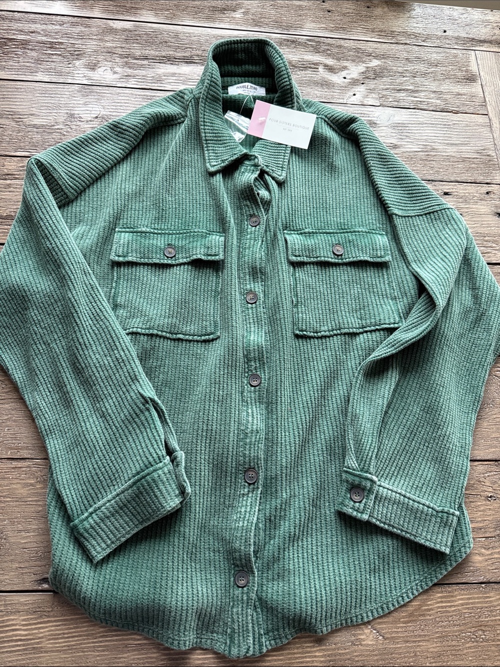 Double Zero Forest Green Ribbed Button-Up Shacket